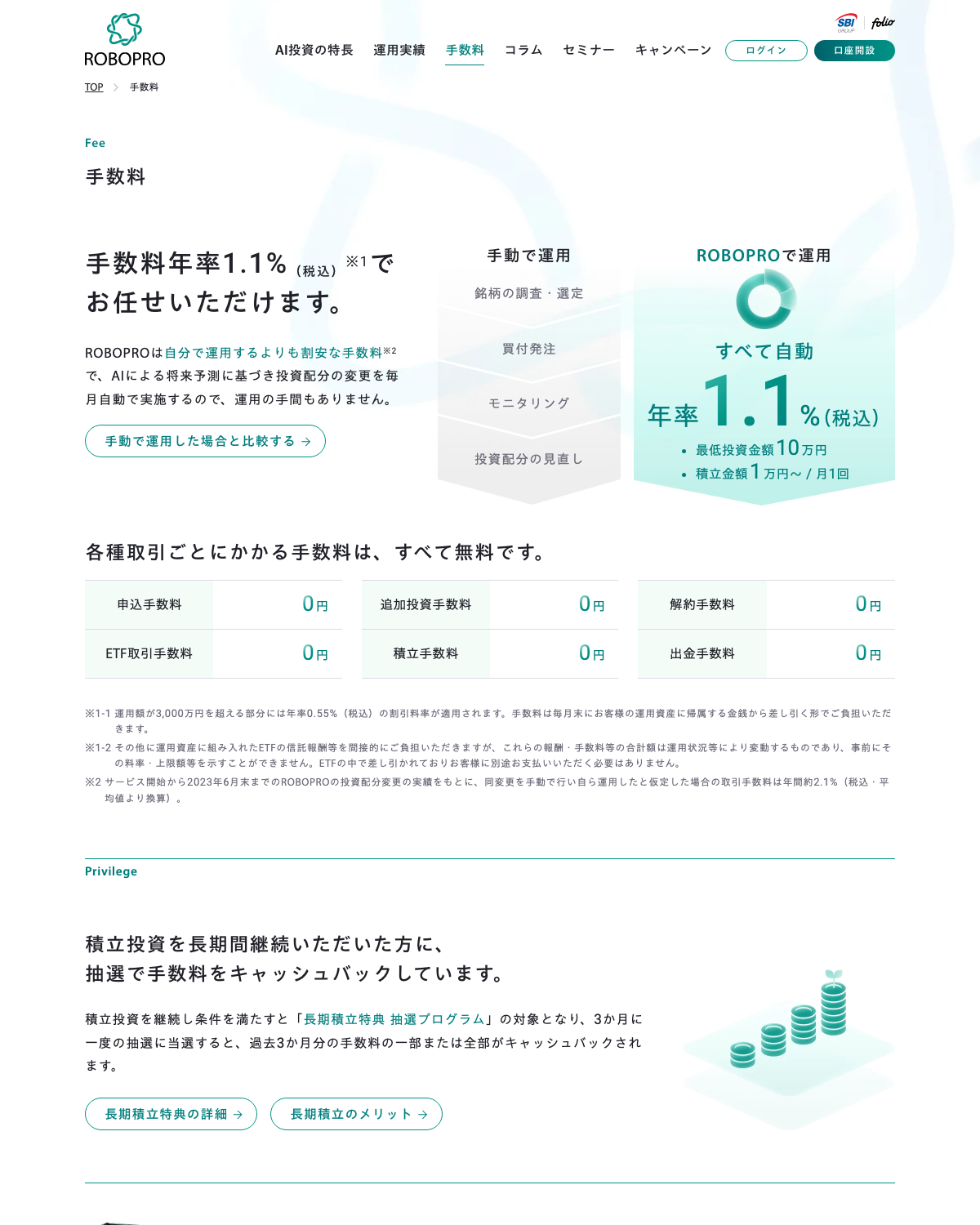ROBOPRO公式の手数料ページ(年率1.1%・最低10万円)