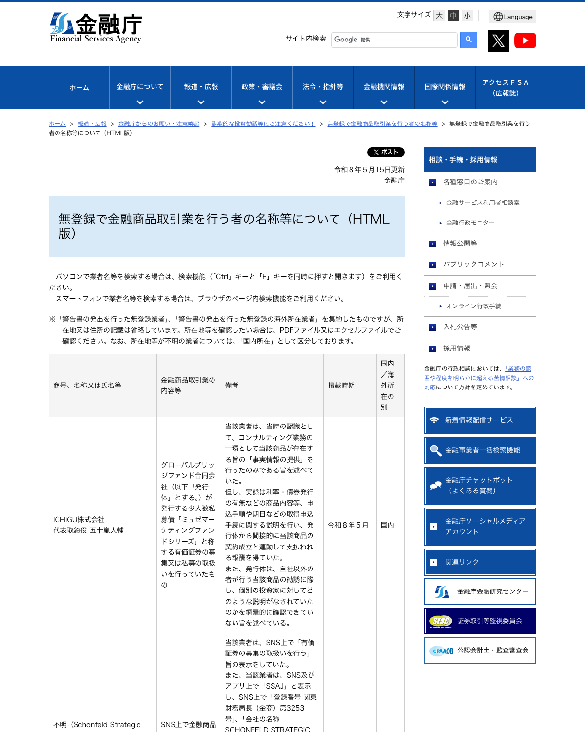 金融庁「無登録で金融商品取引業を行う者の名称等について」公表ページ