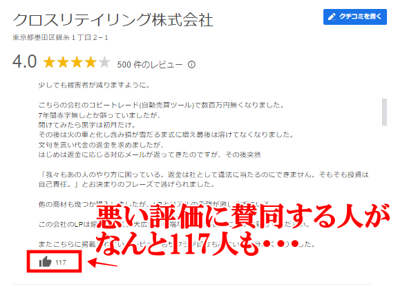 Googleマップの「クロスリテイリング株式会社」のページ。東京都墨田区錦糸1丁目2-1、評価4.0・500件のレビューと表示され、『コピートレード(自動売買ツール)で数百万円無くなりました』という口コミに117件の「いいね」が付いている