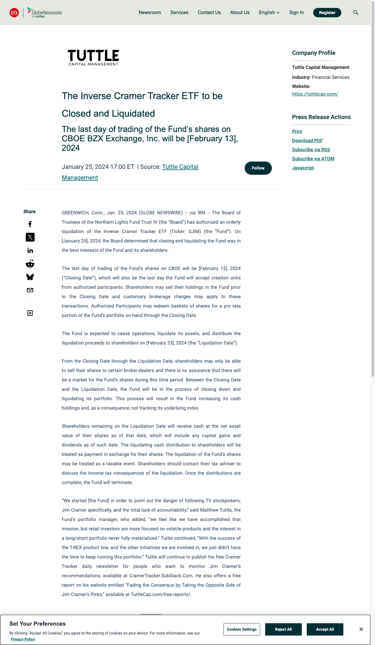 Tuttle Capital ManagementによるSJIM清算の公式発表(GlobeNewswire)