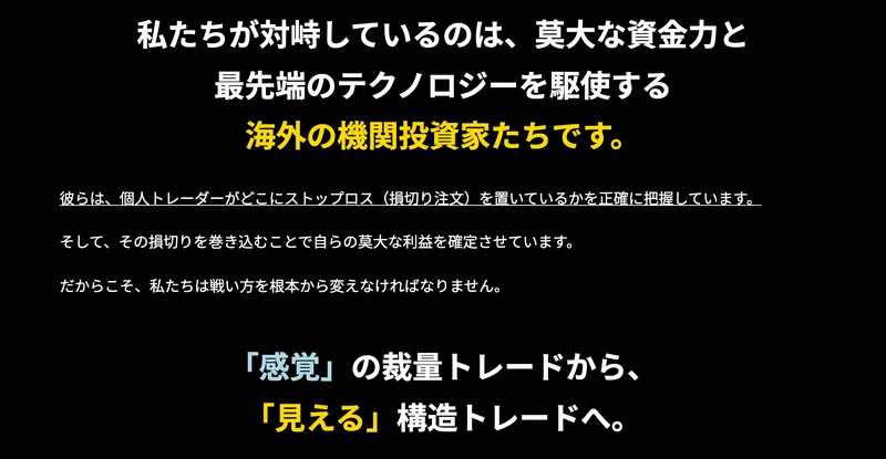 『世界一ズルいトレード方法』の広告の一節。『私たちが対峙しているのは、莫大な資金力と最先端のテクノロジーを駆使する海外の機関投資家たちです』と書かれている