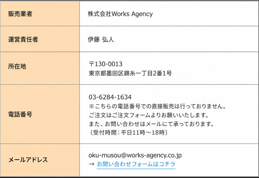 億の無双の特定商取引法に基づく表記の表。販売業者 株式会社Works Agency、運営責任者 伊藤弘人、所在地 東京都墨田区錦糸一丁目2番1号、電話番号 03-6284-1634、メールアドレス oku-musou@works-agency.co.jp と記載されている