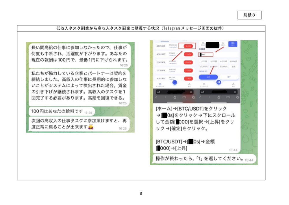 消費者庁の注意喚起資料 別紙3。低収入タスク副業から高収入タスク副業へ誘導するTelegramメッセージ画面の抜粋