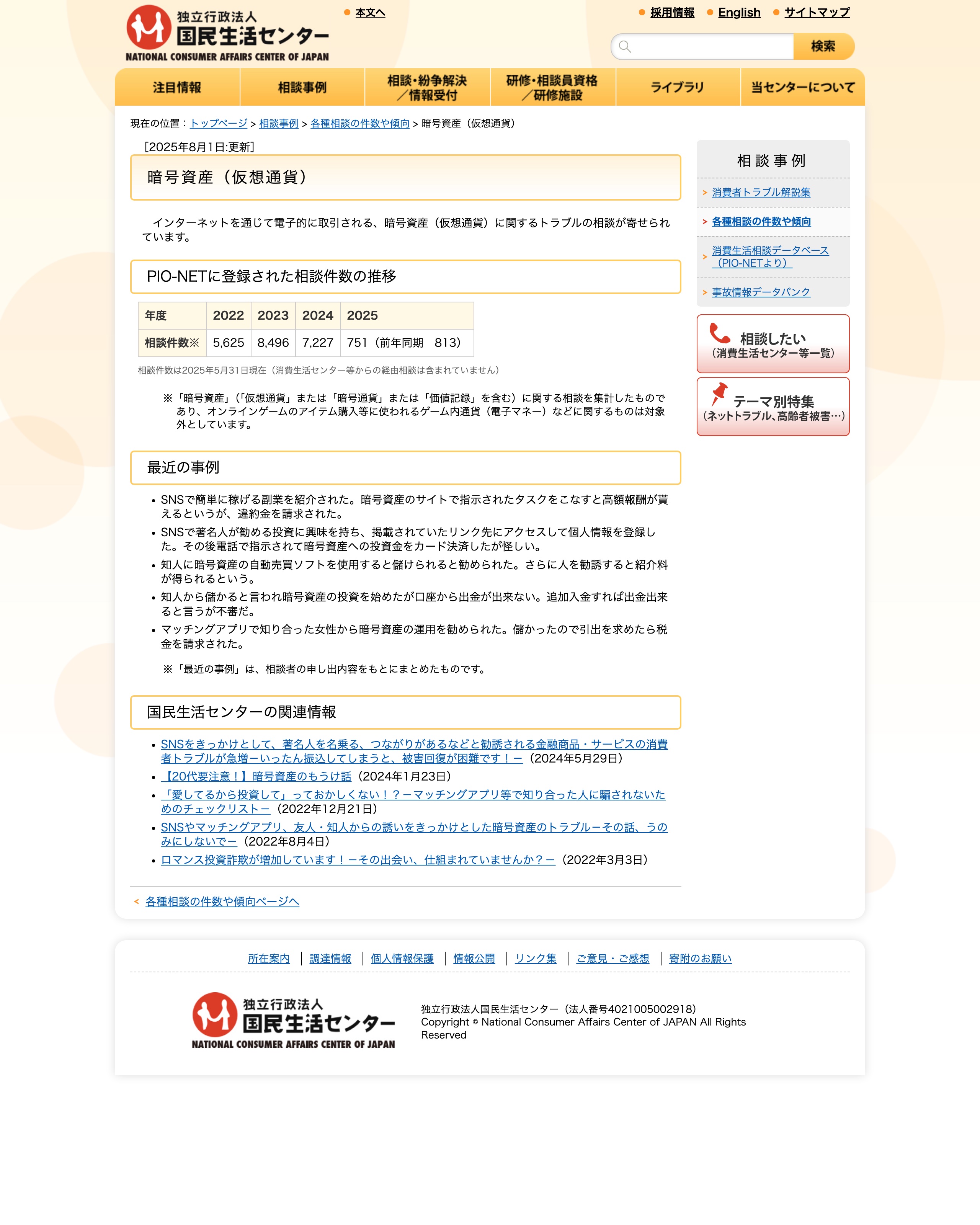 国民生活センター「暗号資産(仮想通貨)」のページ。相談件数の推移と、SNSで勧められて出金できない・引出を求めたら税金を請求されたといった最近の相談事例が掲載されている