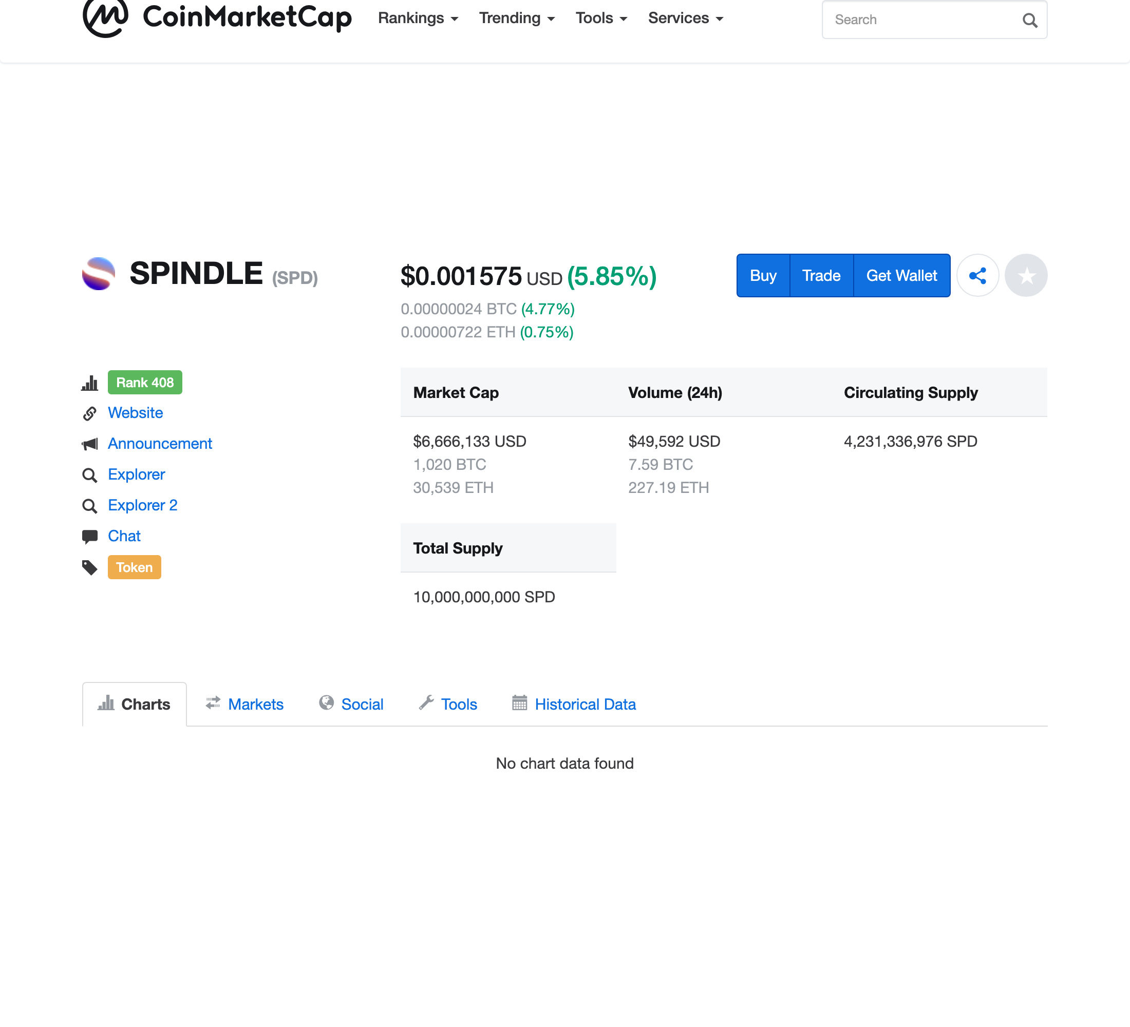 CoinMarketCapに表示されたSPINDLE(SPD)の価格。1SPDあたり約0.001575ドル、総発行枚数100億SPDと記載されている(2018年9月時点)