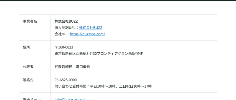 特定商取引法に基づく表記(事業者名・株式会社BUZZ、住所・東京都新宿区西新宿、代表者・溝口優也)