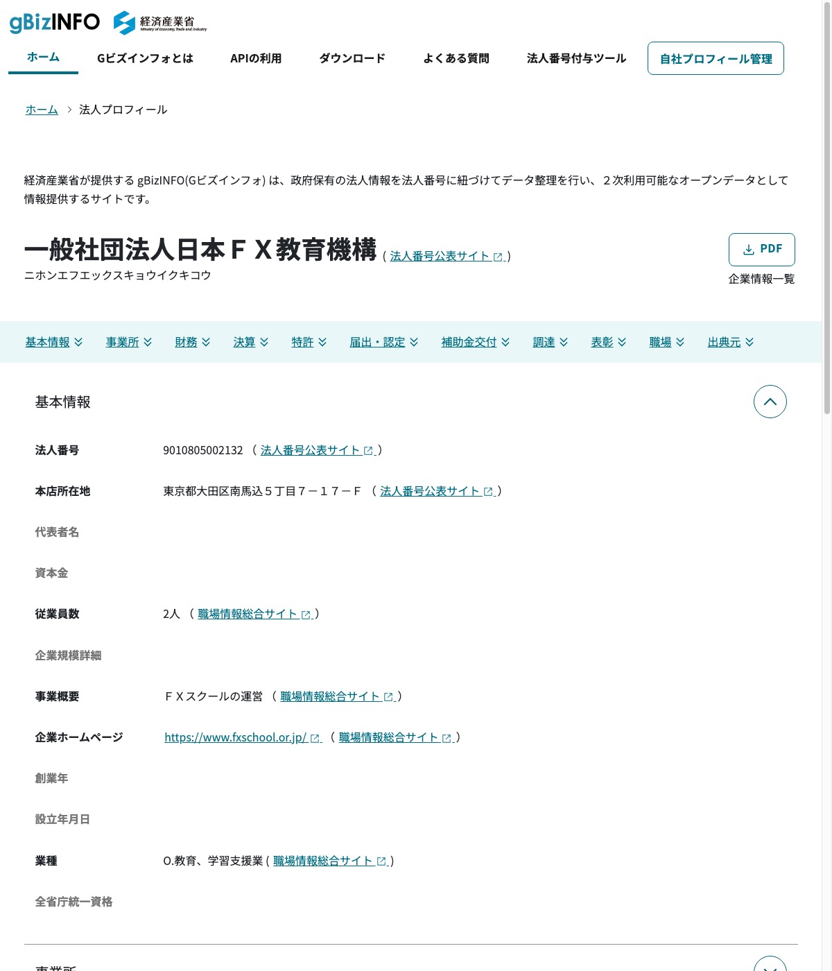 経済産業省gBizINFOの法人プロフィールページ。「一般社団法人日本FX教育機構」の法人番号9010805002132、本店所在地「東京都大田区南馬込5丁目7-17-F」、事業概要「FXスクールの運営」が表示されている