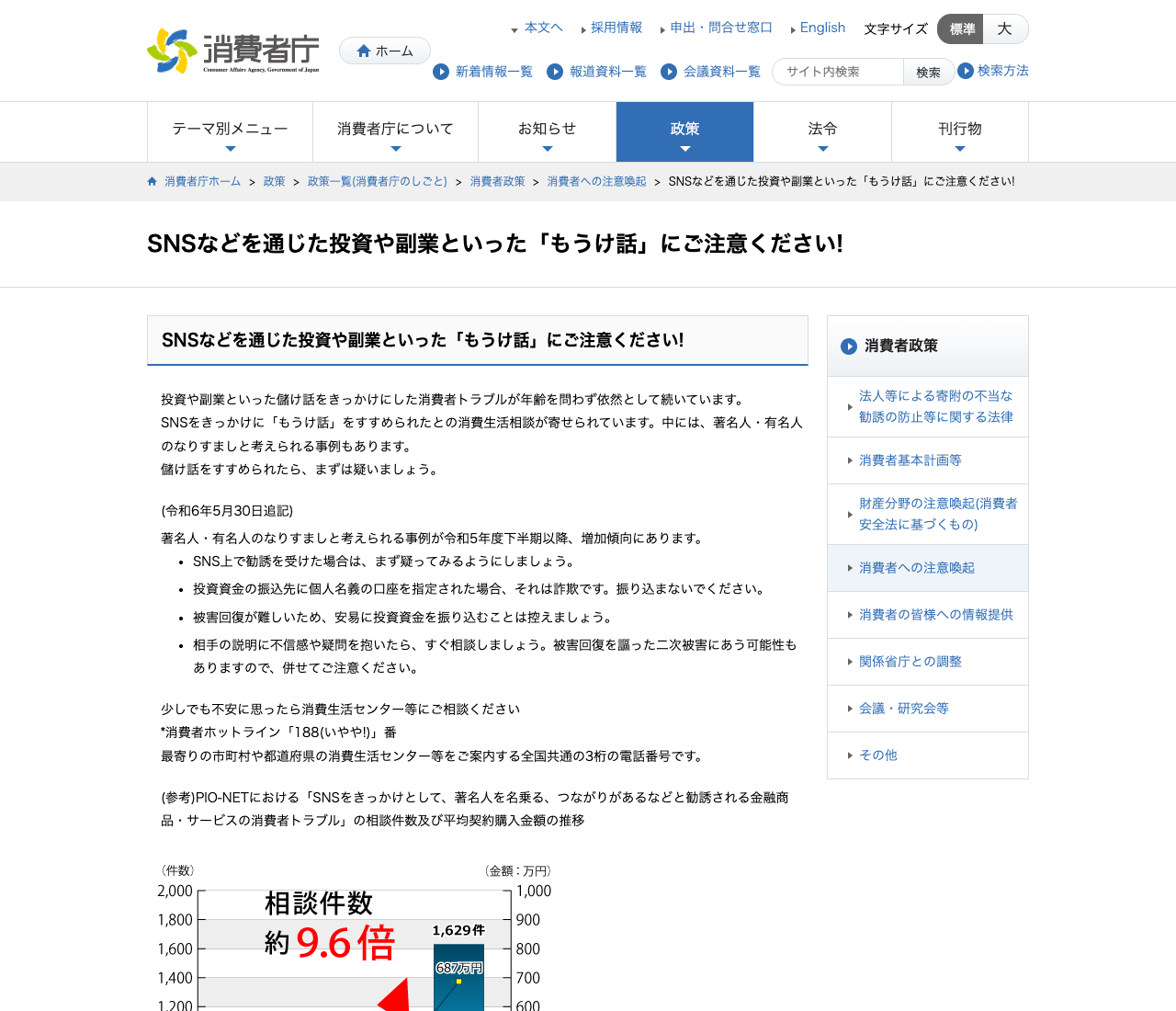 消費者庁「SNSなどを通じた投資や副業といった『もうけ話』にご注意ください」のページ