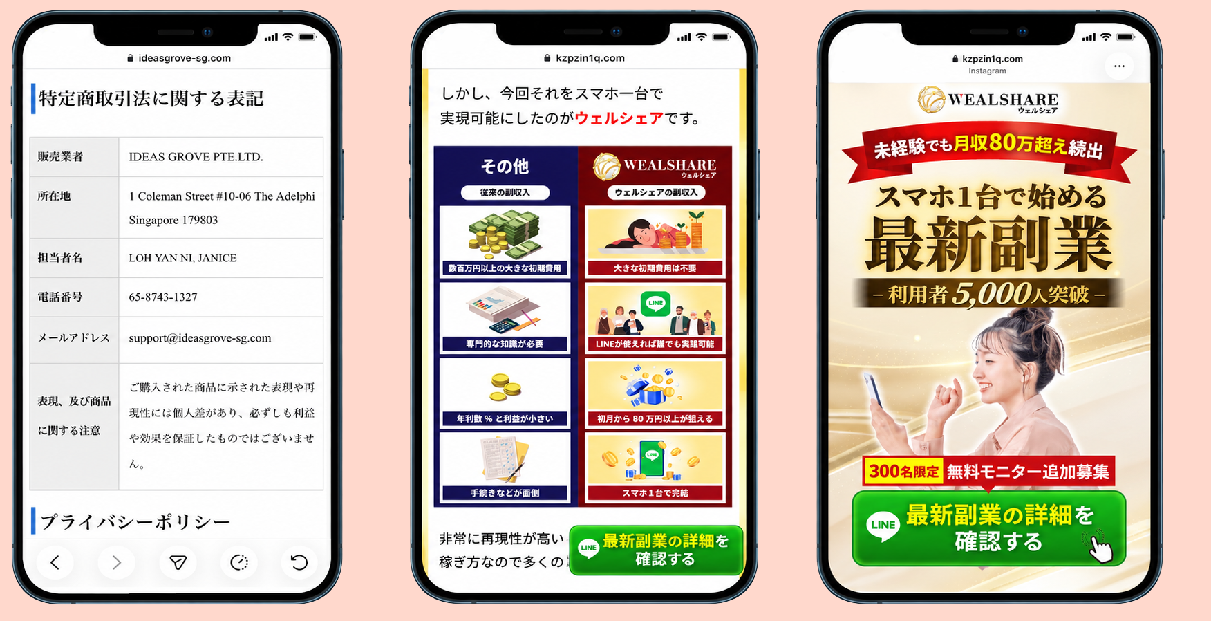 ウェルシェアの特定商取引法に関する表記とInstagram広告ページのスマホ画面。運営会社としてIDEAS GROVE PTE. LTD.(シンガポール)が記載されている