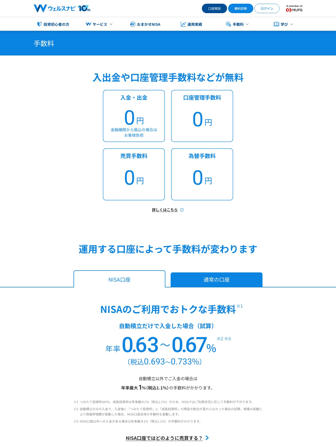 ウェルスナビ公式の手数料ページ。入出金・口座管理・売買・為替手数料が0円、運用は預かり資産の年率最大1%(税込1.1%)と記載されている